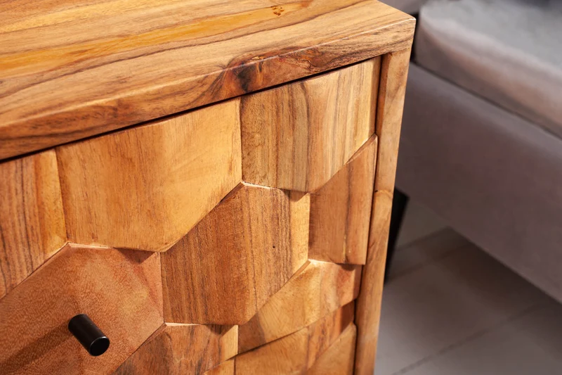 Table de chevet en bois massif MYSTIC LIVING 60cm acacia naturel design 3D avec rangements