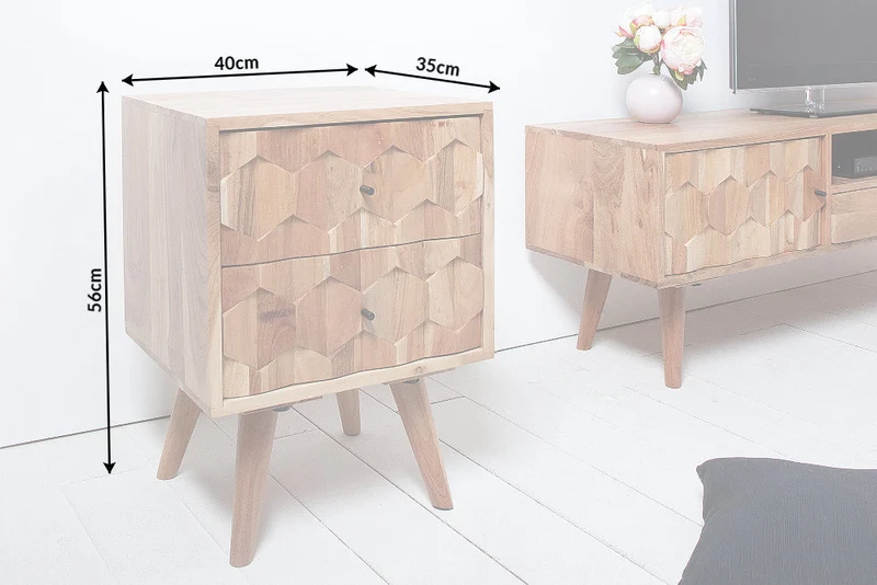 Table de chevet en bois massif MYSTIC LIVING 60cm acacia naturel design 3D avec rangements