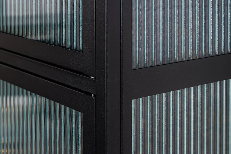Vitrine moderne AMSTERDAM 180cm meuble haut en verre nervuré noir doré