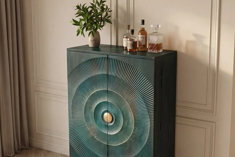 Meuble bar artisanal GOLDEN SUNSET 140cm bois de manguier massif turquoise