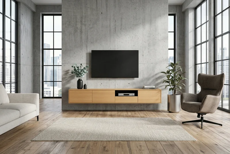 Tableau TV-Board LOFT 200cm naturel noir sept compartiments avec tiroir