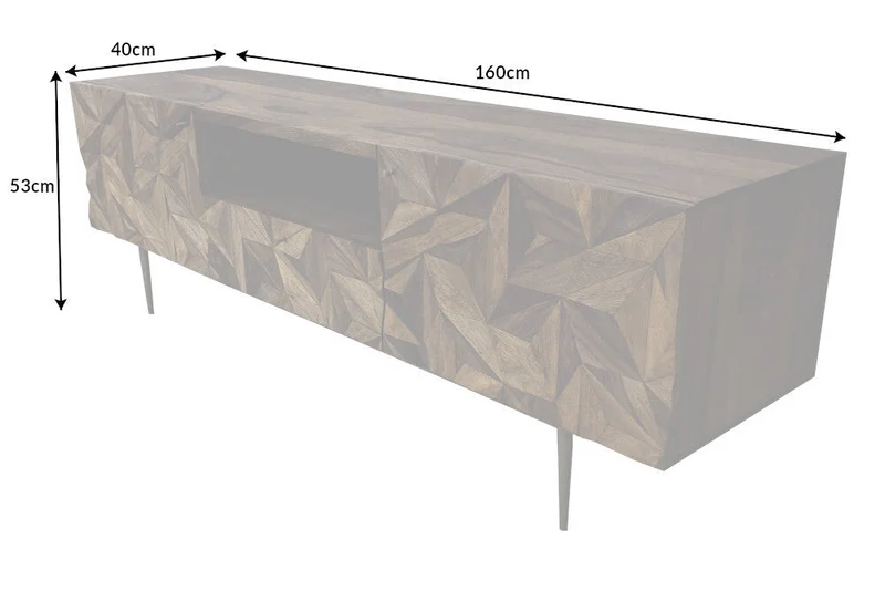 Meuble TV massif ALPINE 160cm marron finition pierre Sheesham métal doré mat