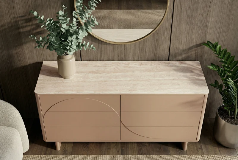 Buffet design SAVOY 150cm gris beige grège en céramique travertin avec six tiroirs