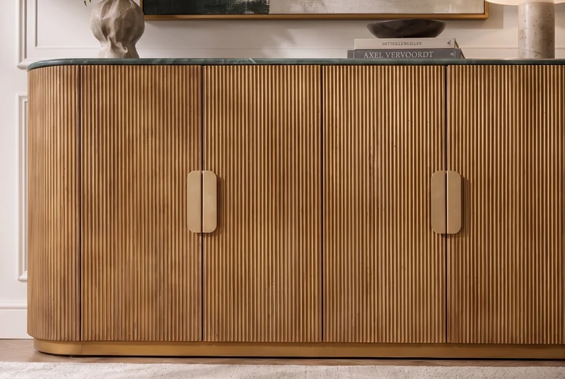 Buffet design VENEZIANO 170cm laiton bois de manguier marbre vert or