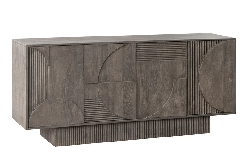 Buffet massif ART DECO 170cm bois de manguier gris façade 3D