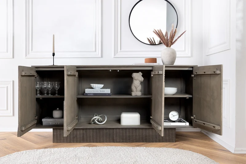 Buffet massif ART DECO 170cm bois de manguier gris façade 3D