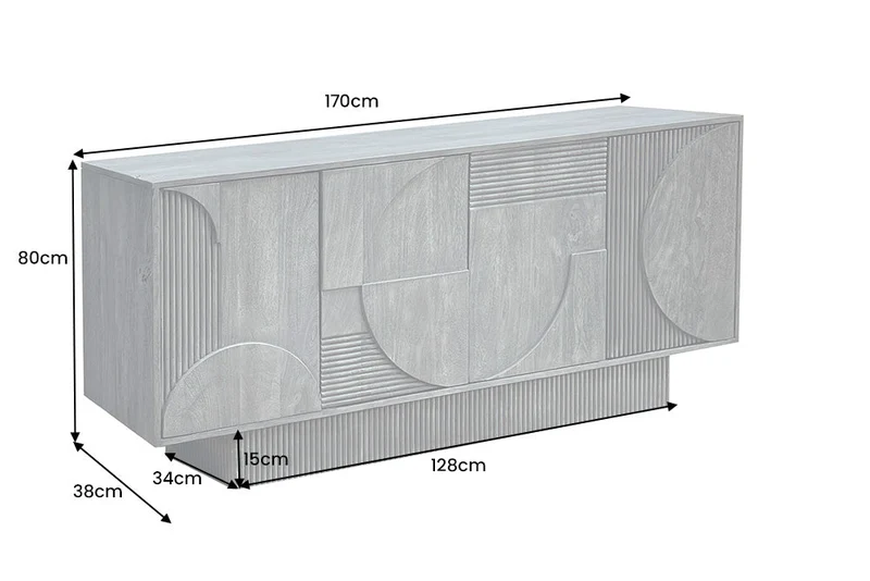 Buffet massif ART DECO 170cm bois de manguier gris façade 3D