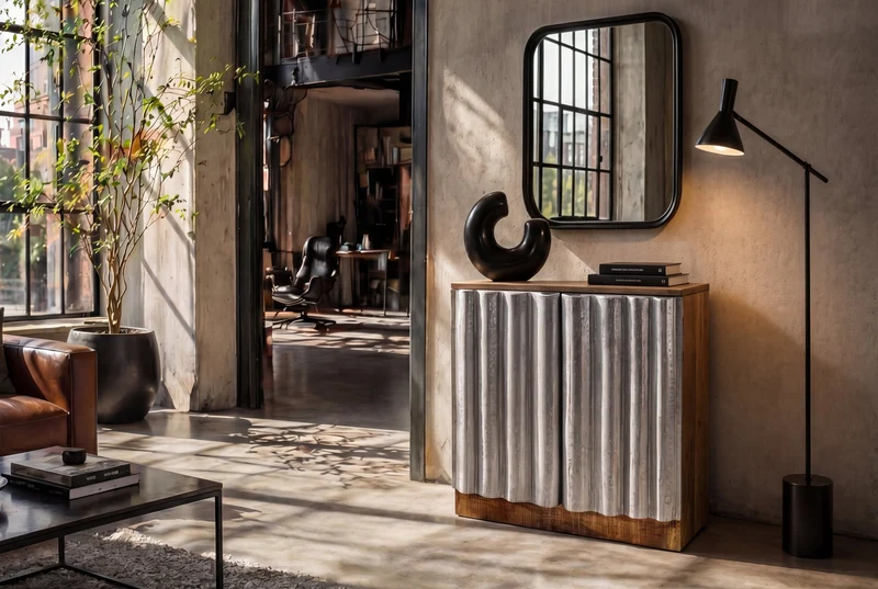 Buffet compact ZALVERO 80cm en bois de manguier argent naturel avec façade en métal-aluminium