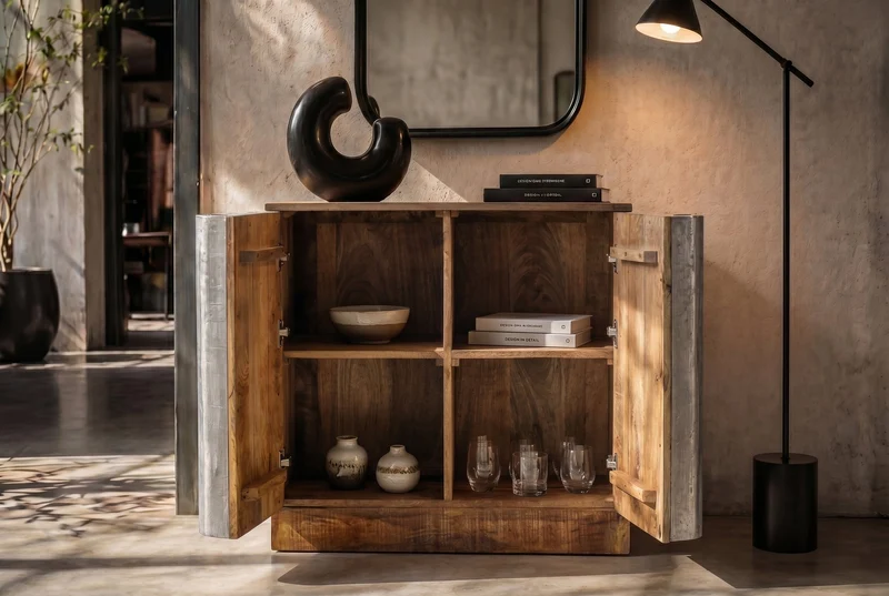 Buffet compact ZALVERO 80cm en bois de manguier argent naturel avec façade en métal-aluminium