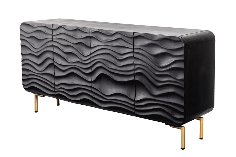 Buffet design WAVE 160cm en manguier noir massif pieds métal doré mat