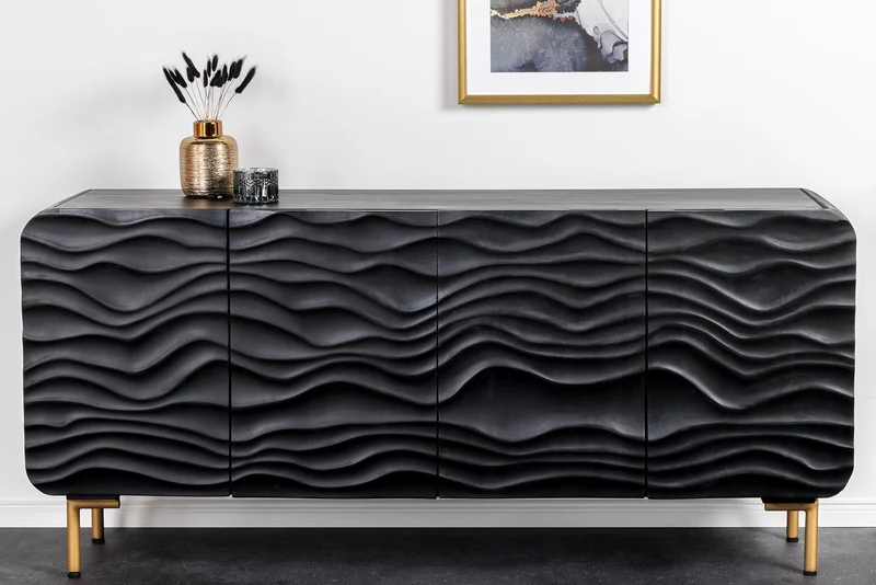 Buffet design WAVE 160cm en manguier noir massif pieds métal doré mat