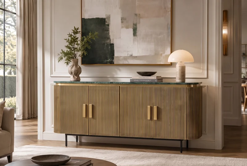 Buffet design VENEZIANO 160cm laiton dessus marbre vert manguier rétro