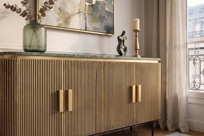 Buffet design VENEZIANO 160cm laiton dessus marbre vert manguier rétro