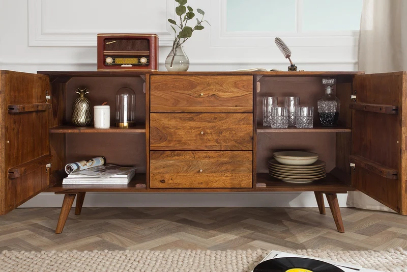 Buffet en bois massif MYSTIC LIVING 145cm commode finition pierre de Sheesham marron