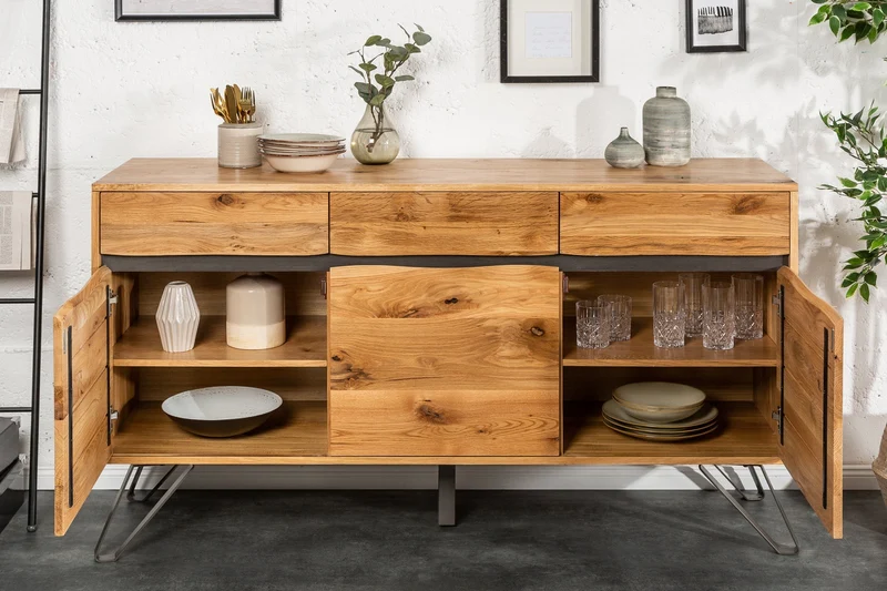 Buffet en bois massif LIVING EDGE 160cm chêne sauvage métal bord d’arbre noir avec tiroirs