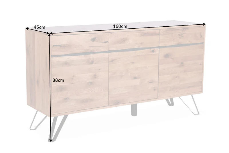 Buffet en bois massif LIVING EDGE 160cm chêne sauvage métal bord d’arbre noir avec tiroirs