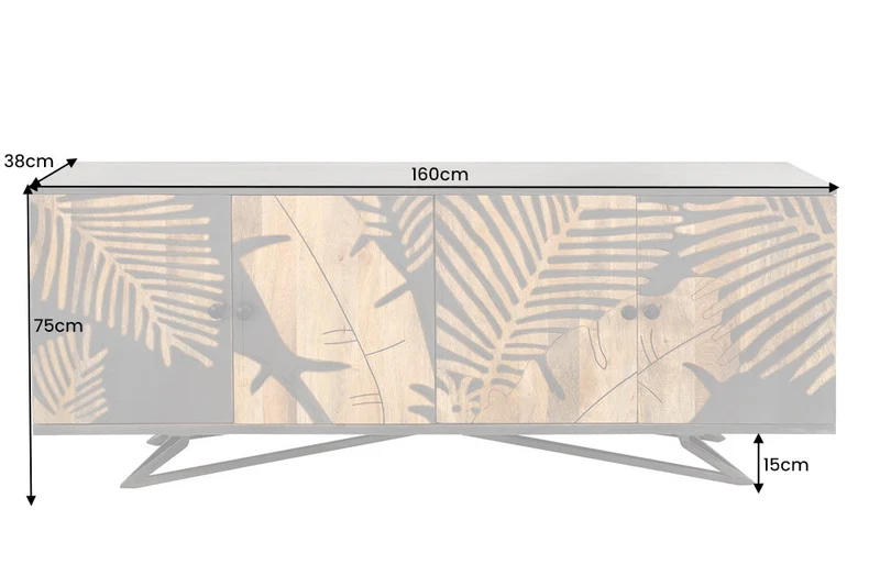 Buffet massif TROPICAL 160cm bois de manguier gris design floral bohème structure métal