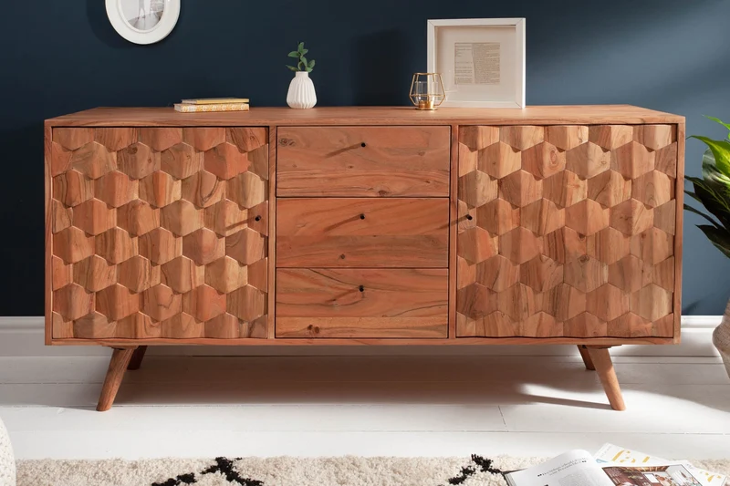 Buffet en bois massif MYSTIC LIVING Commode 145cm en acacia naturel avec tiroirs design 3D