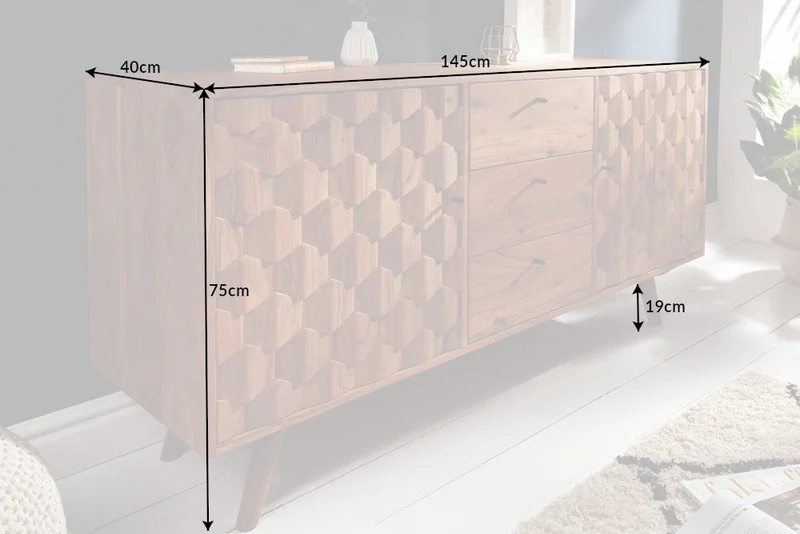 Buffet en bois massif MYSTIC LIVING Commode 145cm en acacia naturel avec tiroirs design 3D