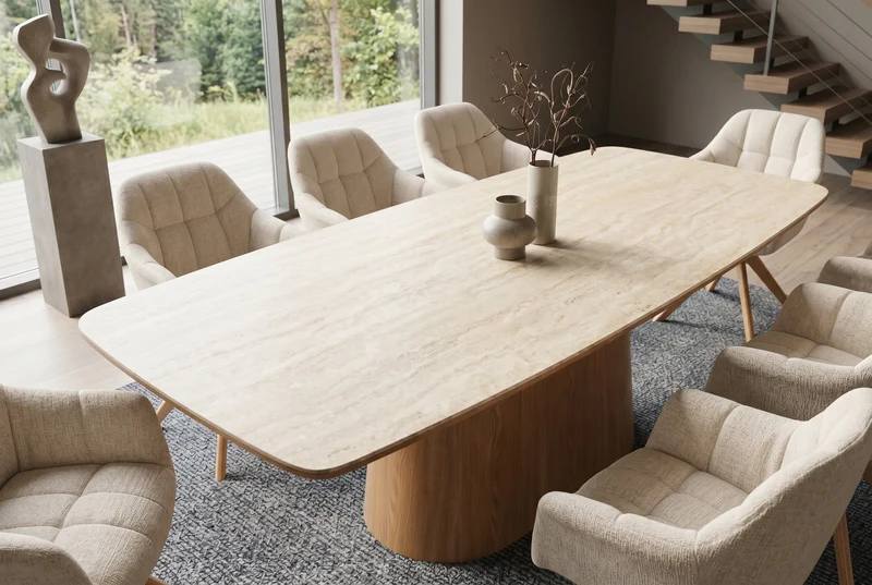 Table à manger design UNIQUE 200cm piètement pilier en chêne céramique travertin marron naturel