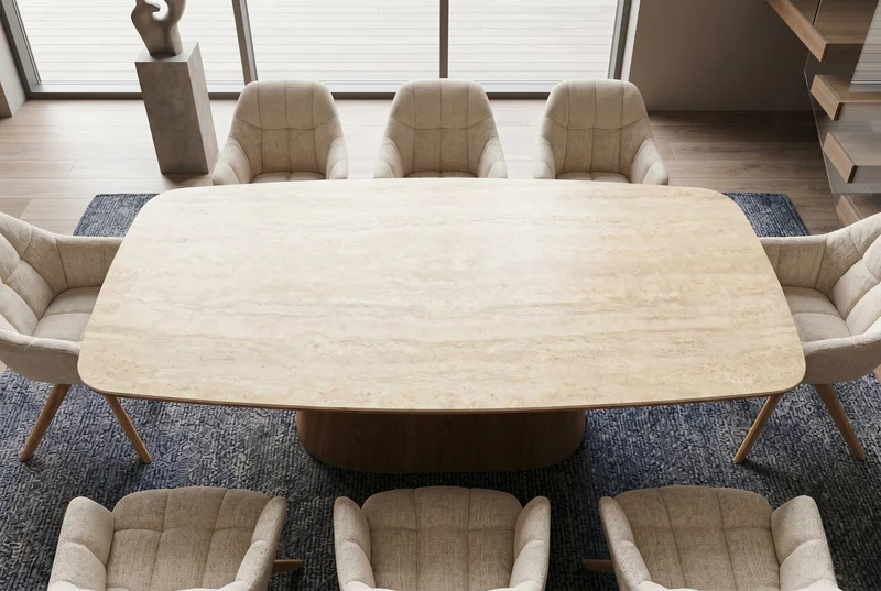 Table à manger design UNIQUE 200cm piètement pilier en chêne céramique travertin marron naturel
