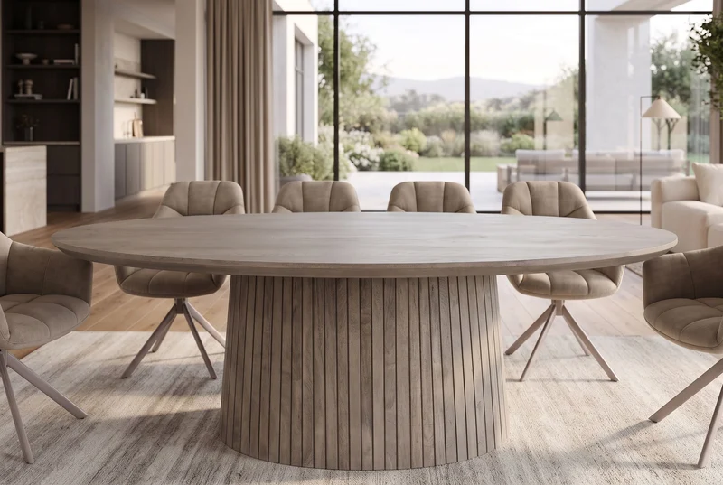 Table à manger ovale ART DECO 220cm en manguier massif gris fumé avec piètement colonne