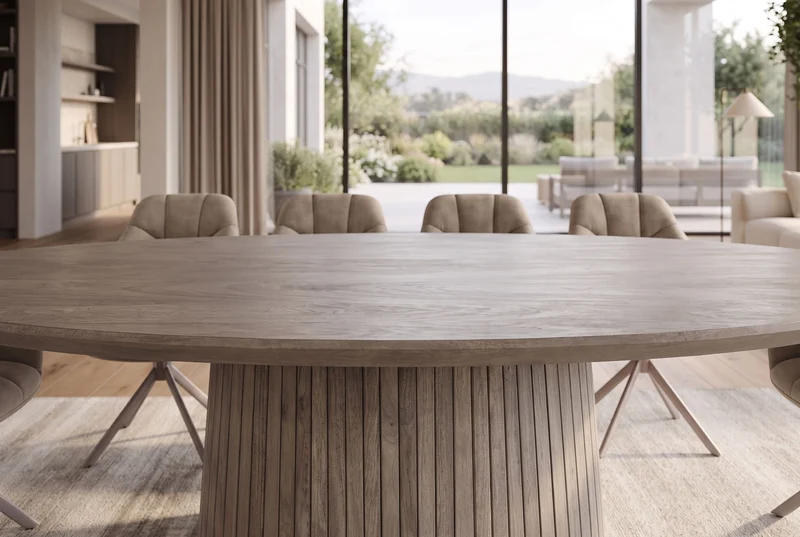Table à manger ovale ART DECO 220cm en manguier massif gris fumé avec piètement colonne