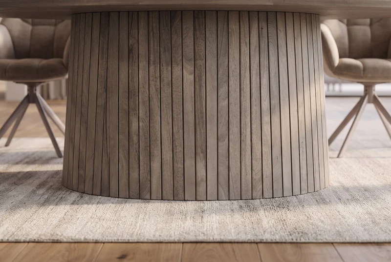 Table à manger ovale ART DECO 220cm en manguier massif gris fumé avec piètement colonne