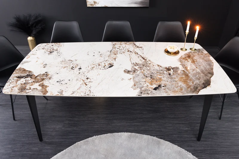 Table à manger MILANO 160cm céramique Pandora blanche structure métal noir