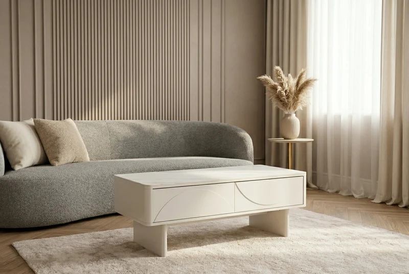 Design table basse SAVOY 120cm cachemire blanc céramique marbre avec tiroirs
