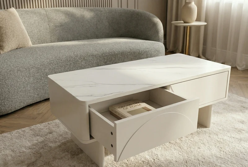 Design table basse SAVOY 120cm cachemire blanc céramique marbre avec tiroirs