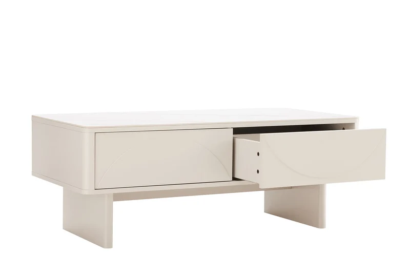 Design table basse SAVOY 120cm cachemire blanc céramique marbre avec tiroirs