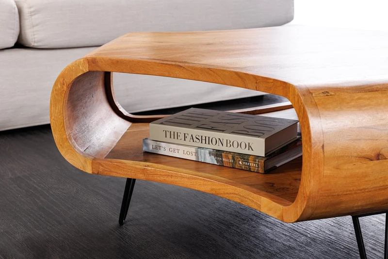 Table basse solide ORGANIC LIVING 90cm en bois d’acacia finition miel marron avec espace de rangement