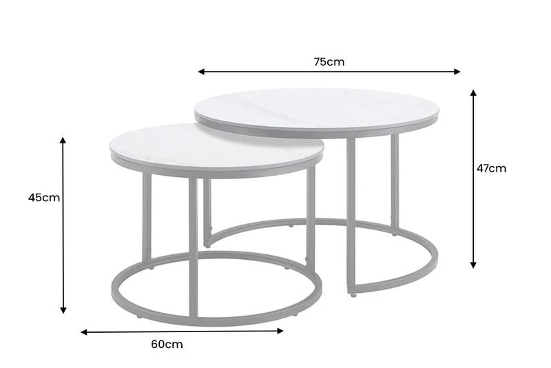 Ensemble de 2 tables basses ELEGANCE 75cm blanc céramique noir métal