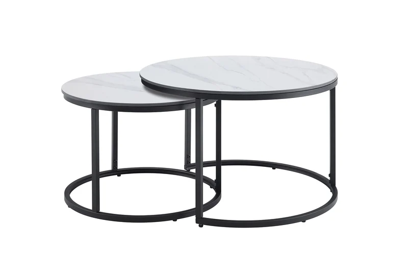 Ensemble de 2 tables basses ELEGANCE 75cm blanc céramique noir métal
