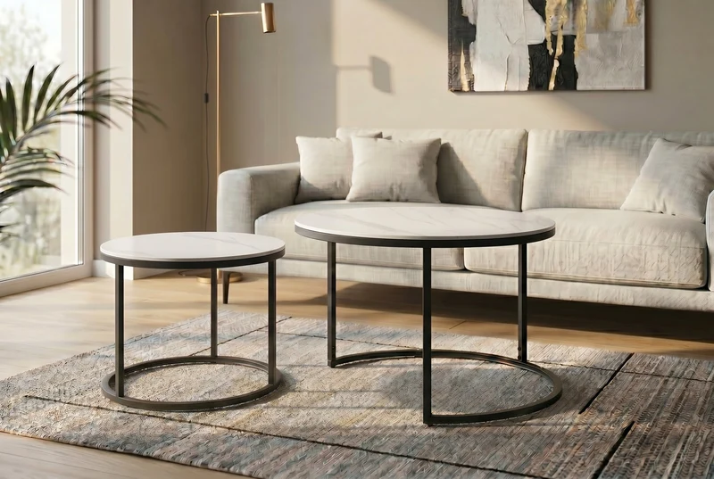 Ensemble de 2 tables basses ELEGANCE 75cm blanc céramique noir métal