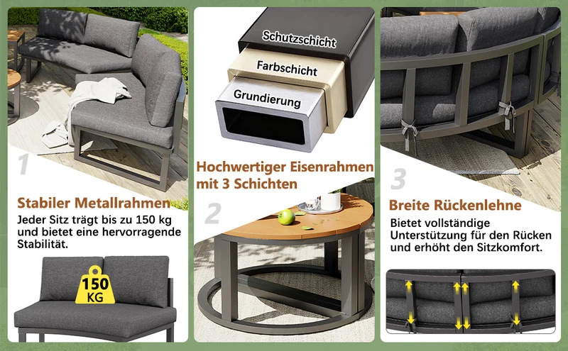 Salon de jardin 4-6 personnes gris modulable avec 3 tables basses et coussins INFINITEMORN