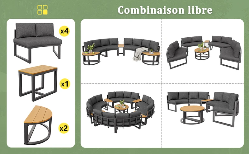 Salon de jardin 4-6 personnes gris modulable avec 3 tables basses et coussins INFINITEMORN