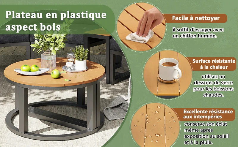 Salon de jardin 4-6 personnes gris modulable avec 3 tables basses et coussins INFINITEMORN