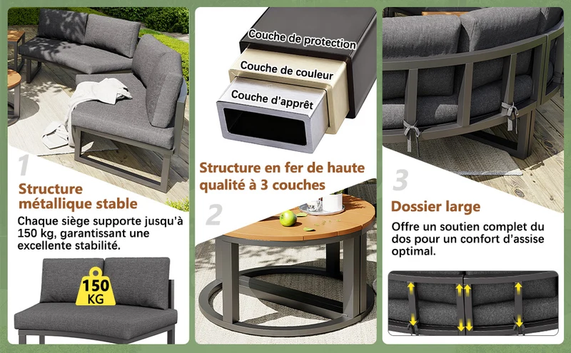 Salon de jardin 4-6 personnes gris modulable avec 3 tables basses et coussins INFINITEMORN