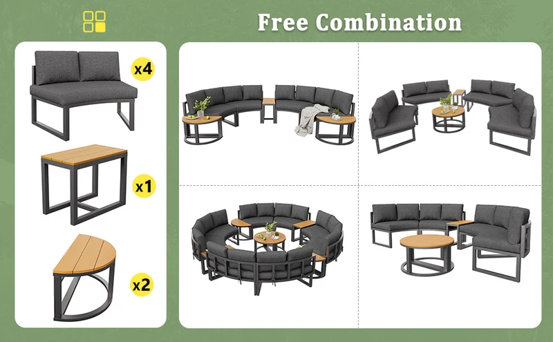 Salon de jardin 4-6 personnes gris modulable avec 3 tables basses et coussins INFINITEMORN