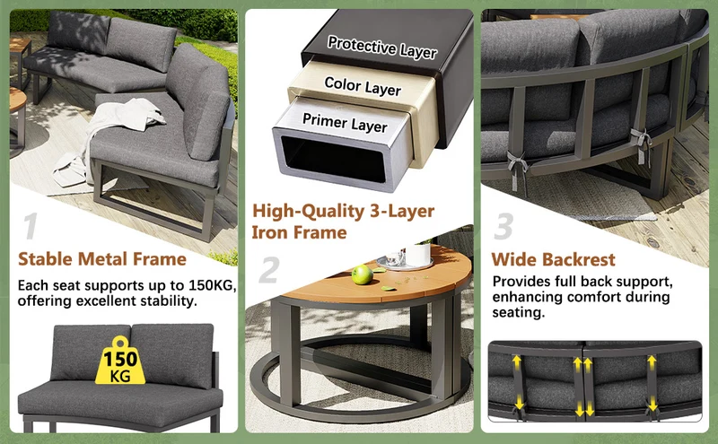 Salon de jardin 4-6 personnes gris modulable avec 3 tables basses et coussins INFINITEMORN