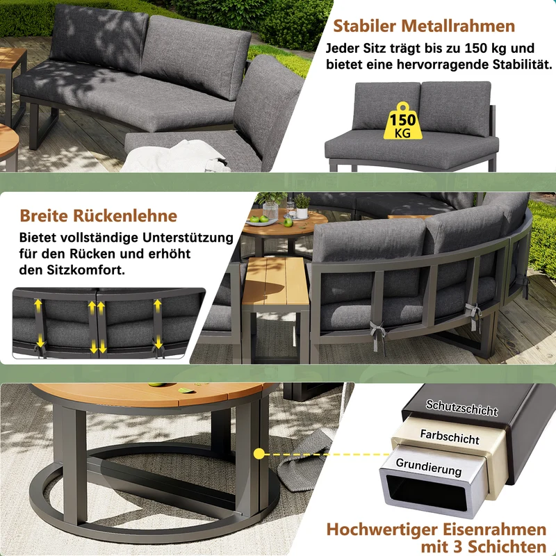 Salon de jardin 4-6 personnes gris modulable avec 3 tables basses et coussins INFINITEMORN