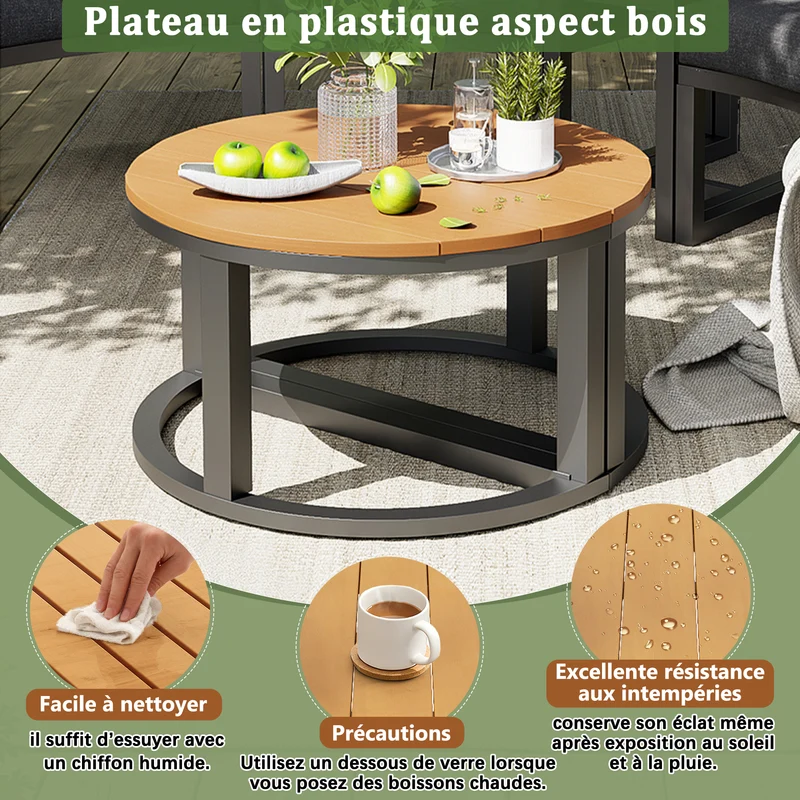 Salon de jardin 4-6 personnes gris modulable avec 3 tables basses et coussins INFINITEMORN