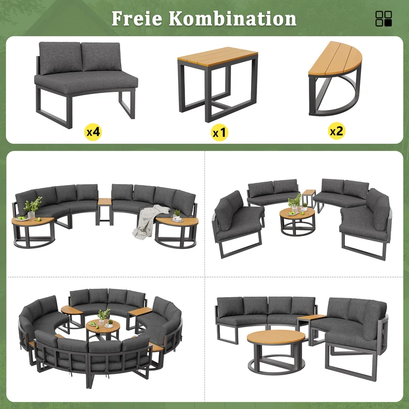 Salon de jardin 4-6 personnes gris modulable avec 3 tables basses et coussins INFINITEMORN