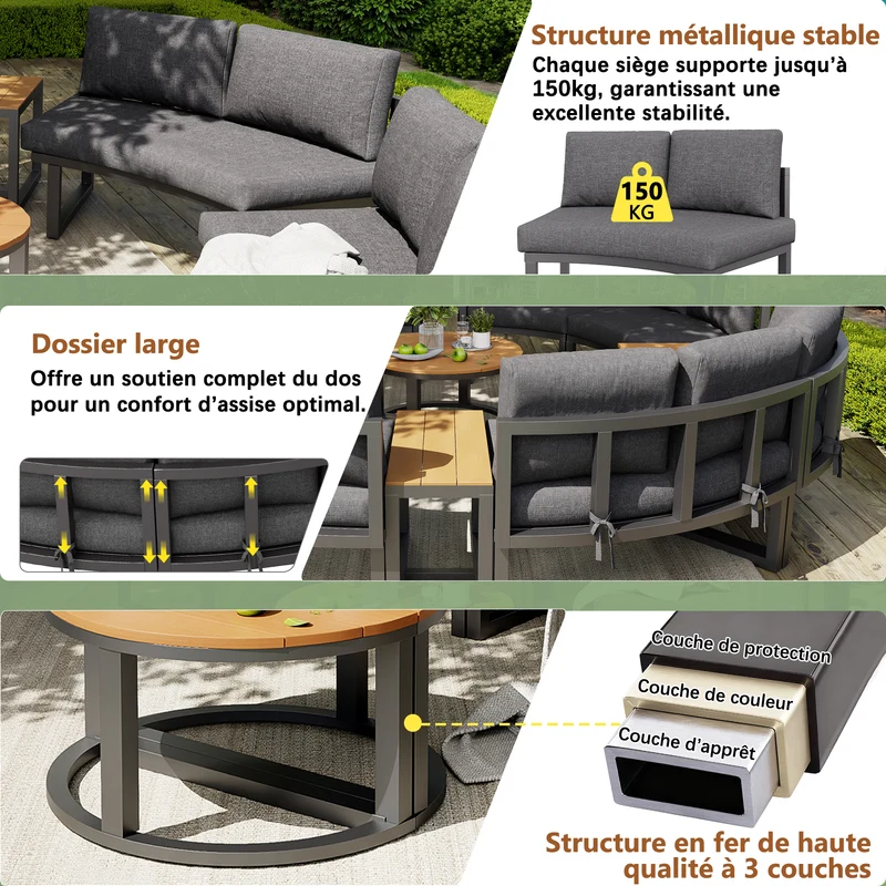 Salon de jardin 4-6 personnes gris modulable avec 3 tables basses et coussins INFINITEMORN