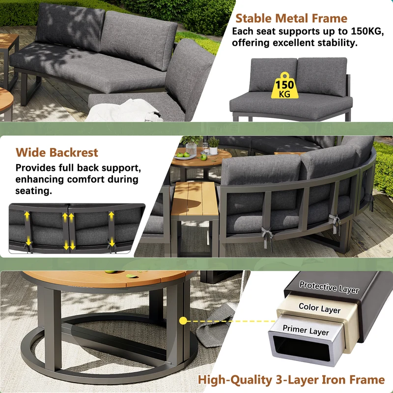 Salon de jardin 4-6 personnes gris modulable avec 3 tables basses et coussins INFINITEMORN
