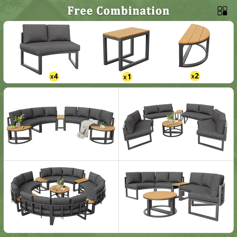 Salon de jardin 4-6 personnes gris modulable avec 3 tables basses et coussins INFINITEMORN