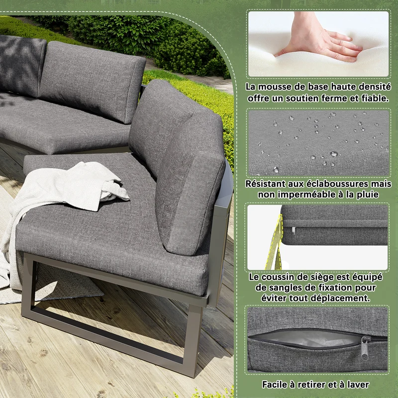 Salon de jardin 4-6 personnes gris modulable avec 3 tables basses et coussins INFINITEMORN