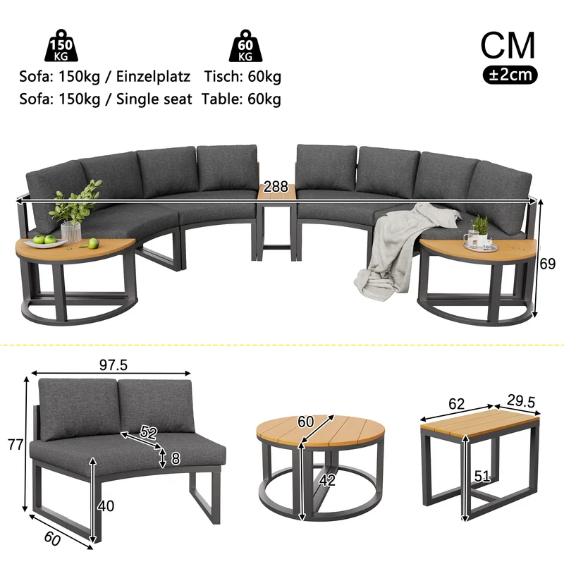 Salon de jardin 4-6 personnes gris modulable avec 3 tables basses et coussins INFINITEMORN